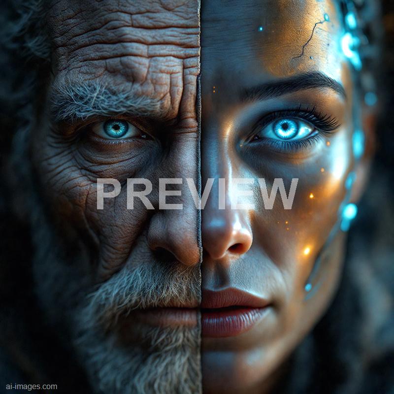 The image depicts a split face showing two contrasting individuals side by side. On the left, there is an older man with deeply wrinkled skin, white eyebrows, and a stern expression, while on the right, a young woman with smooth skin, long eyelashes, and a calm expression is visible. Both have strikingly bright, glowing blue eyes that seem to emit light, with the woman's face adorned with small glowing blue dots and patterns, giving a futuristic or sci-fi appearance. The lighting emphasizes the textures and details of both faces, creating a dramatic and surreal visual contrast.